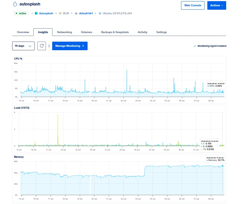 Digital Ocean droplet health graphs showing CPU, load, and memory usage
